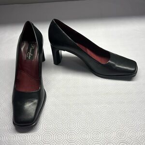 Passofino Brazil Leather Tara Shoes Pumps 3” Narrow Block Heel Black Size 8